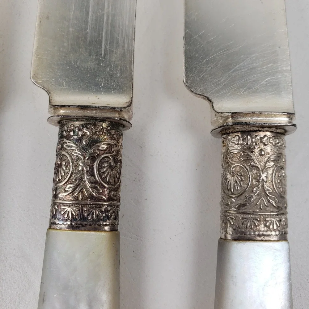 Antique J. Russell & Co. 1834 Mother of Pearl Sterling Ferrule Knives Set of 4